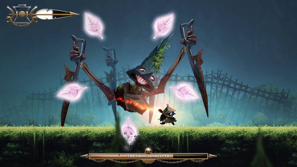 Well Dweller: the small bird hero faces a long-legged witch boss surrounded by glowing leaves