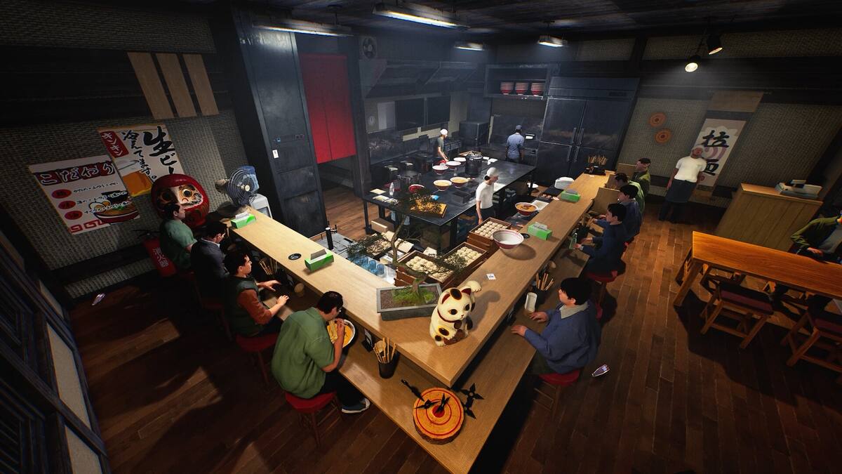 Japanese Ramen Simulator: a busy ramen counter seen from above, with players cooking behind the bar
