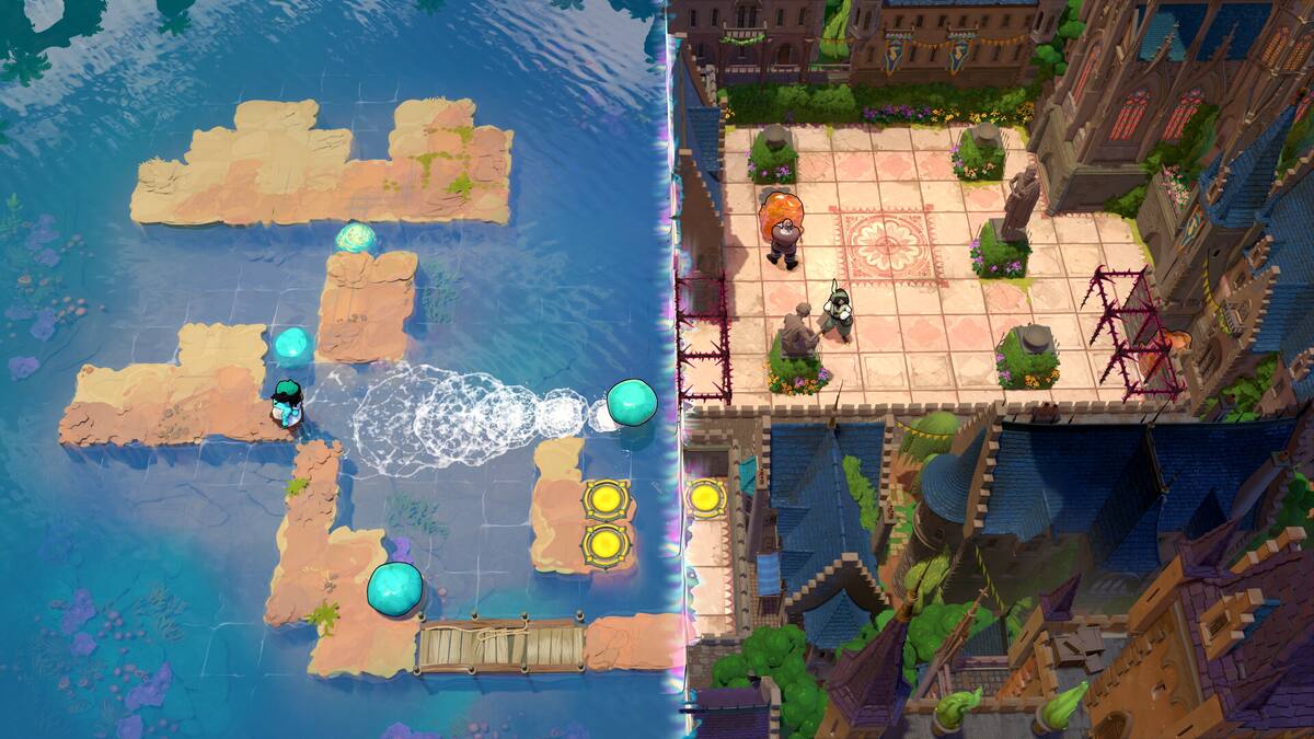 Order of the Sinking Star: a top-down puzzle board where a stream of water flows between stone blocks