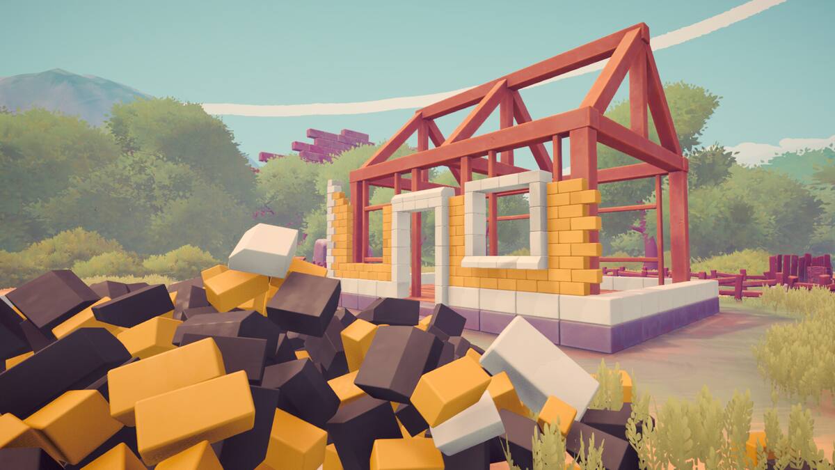 Brick by Brick: a pile of loose bricks in front of a half-built house frame